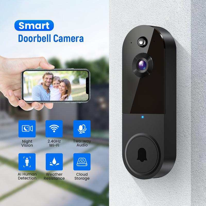 1080P Doorbell Camera Wireless, Smart Video Cam with Chime, AI Human Detection, Two Way Audio, Live View, Night Vision, 2.4G Wifi Only, Cloud Storage, Battery Powered, Indoor Outdoor Surveillance Camera for Home Security System