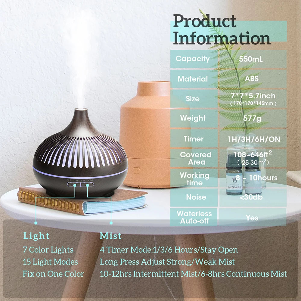 500ML Ultrasonic Wood Grain Essential Oil Diffuser – 7 LED Colors, Cool Mist Humidifier with Remote Control & Timer