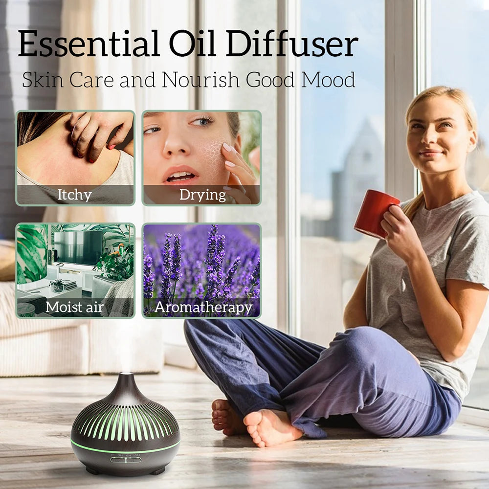 500ML Ultrasonic Wood Grain Essential Oil Diffuser – 7 LED Colors, Cool Mist Humidifier with Remote Control & Timer
