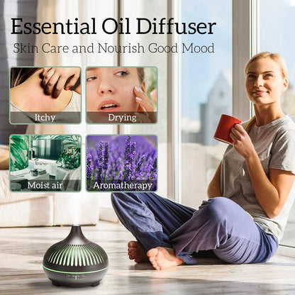 500ML Ultrasonic Wood Grain Essential Oil Diffuser – 7 LED Colors, Cool Mist Humidifier with Remote Control & Timer