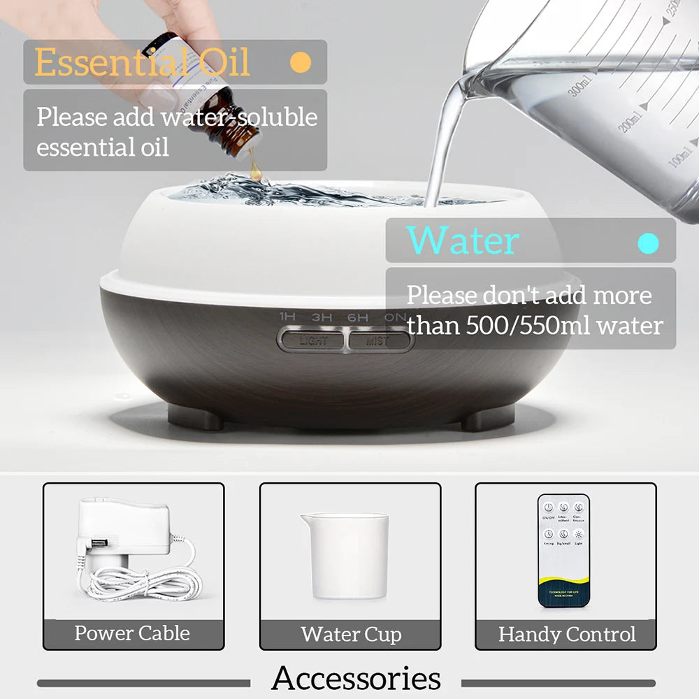 500ML Ultrasonic Wood Grain Essential Oil Diffuser – 7 LED Colors, Cool Mist Humidifier with Remote Control & Timer