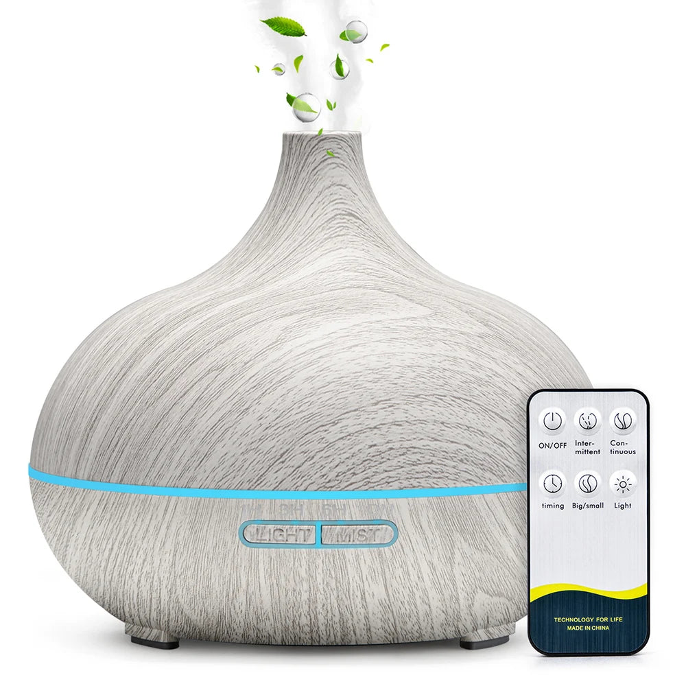500ML Ultrasonic Wood Grain Essential Oil Diffuser – 7 LED Colors, Cool Mist Humidifier with Remote Control & Timer